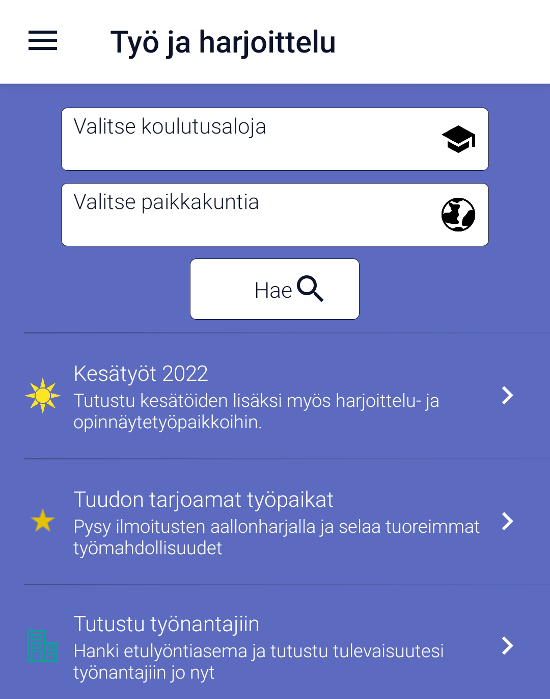 Tuudon Työ ja harjoittelu -osio