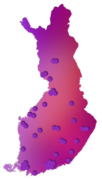 Tuudon oppilaitokset Suomen kartalla, pinkki