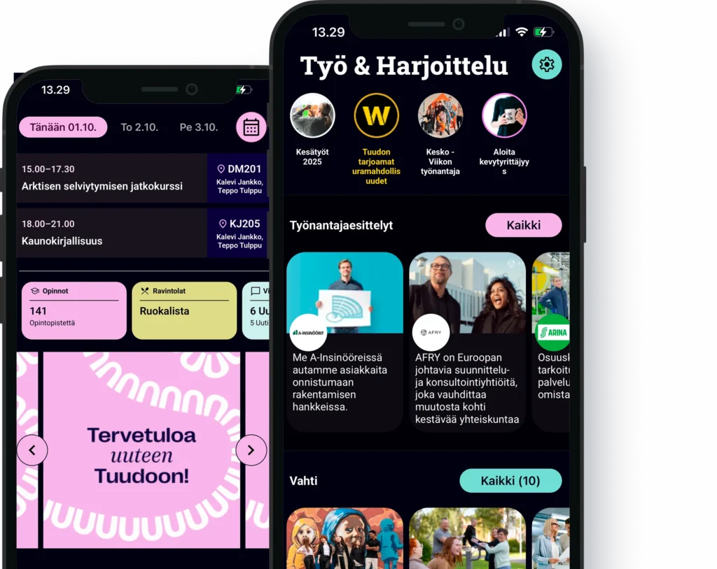 Kaksi puhelinta joissa Tuudon työ ja harjoittelu -osio sekä etusivu